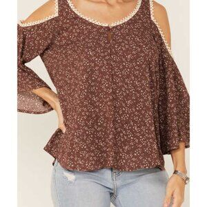 Wild Moss Floral Print Cold Shoulder Top 100% Rayon Lace Trim Brown Cream